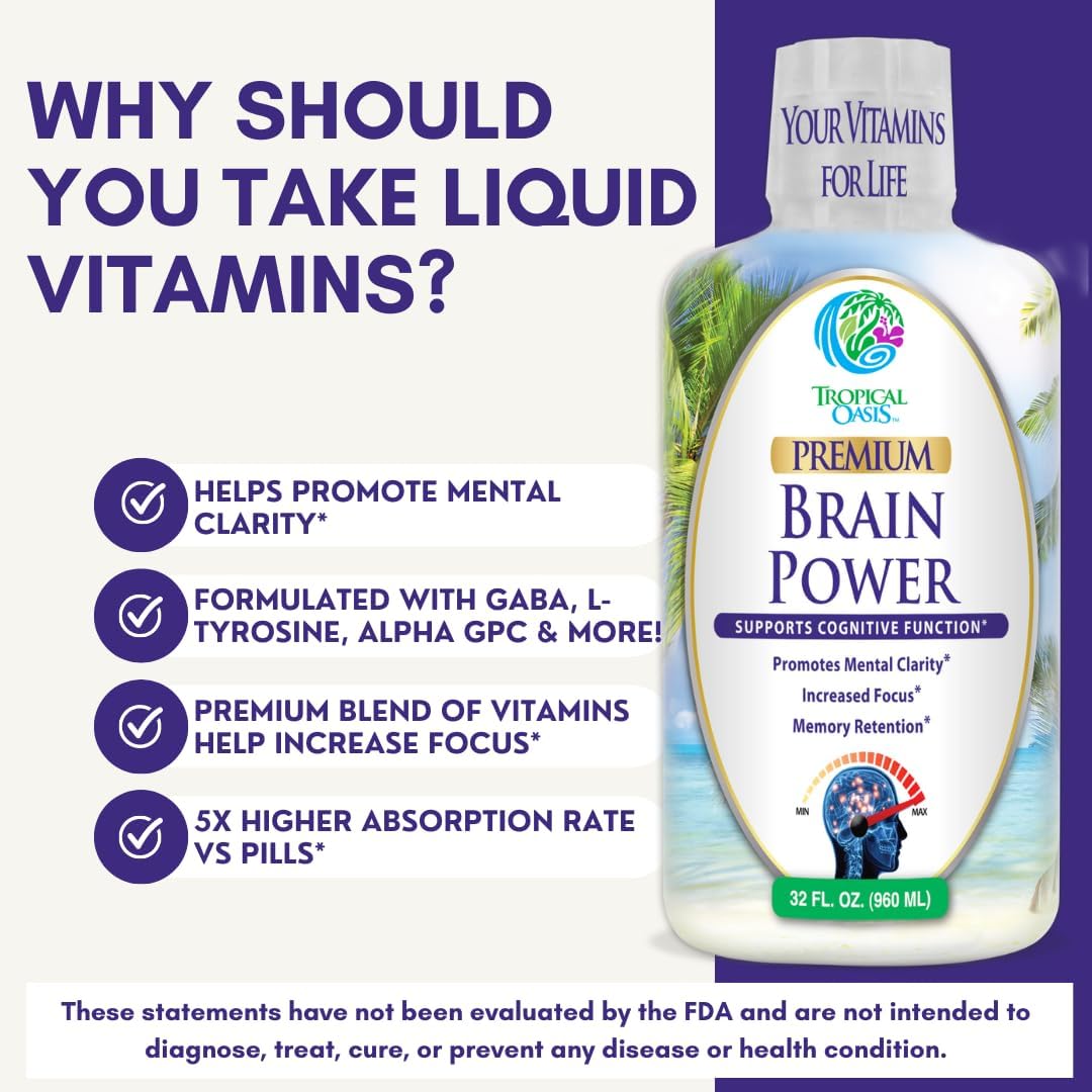 Liquid Nootropic Brain Supplement for Mental Clarity, Focus, and Memory - Tropical Oasis - 32 Servings