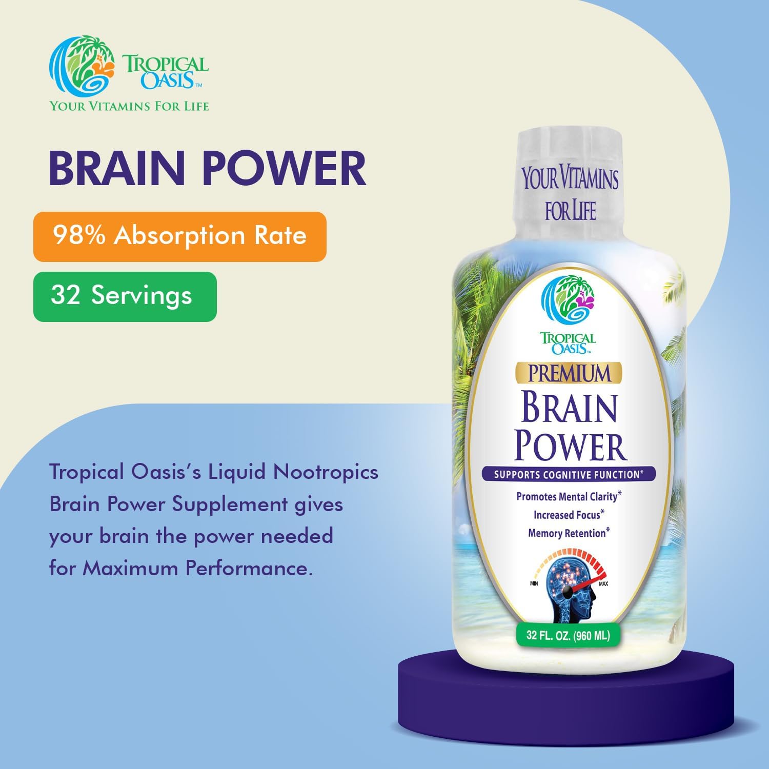 Liquid Nootropic Brain Supplement for Mental Clarity, Focus, and Memory - Tropical Oasis - 32 Servings