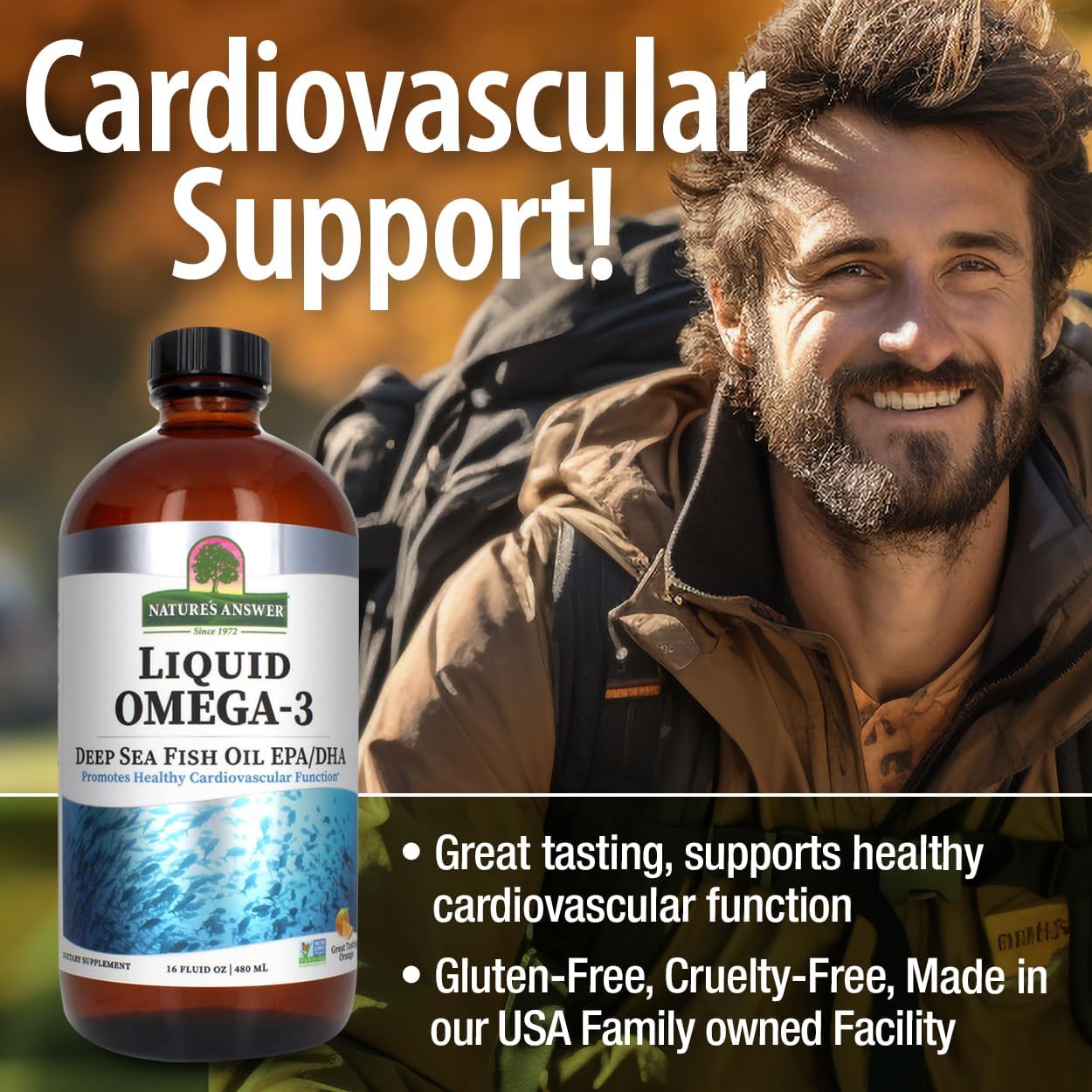 Liquid Omega-3 Fish Oil Supplement | Rich in EPA/DHA for Heart Health | 16oz Bottle | Preservative-Free & Gluten-Free