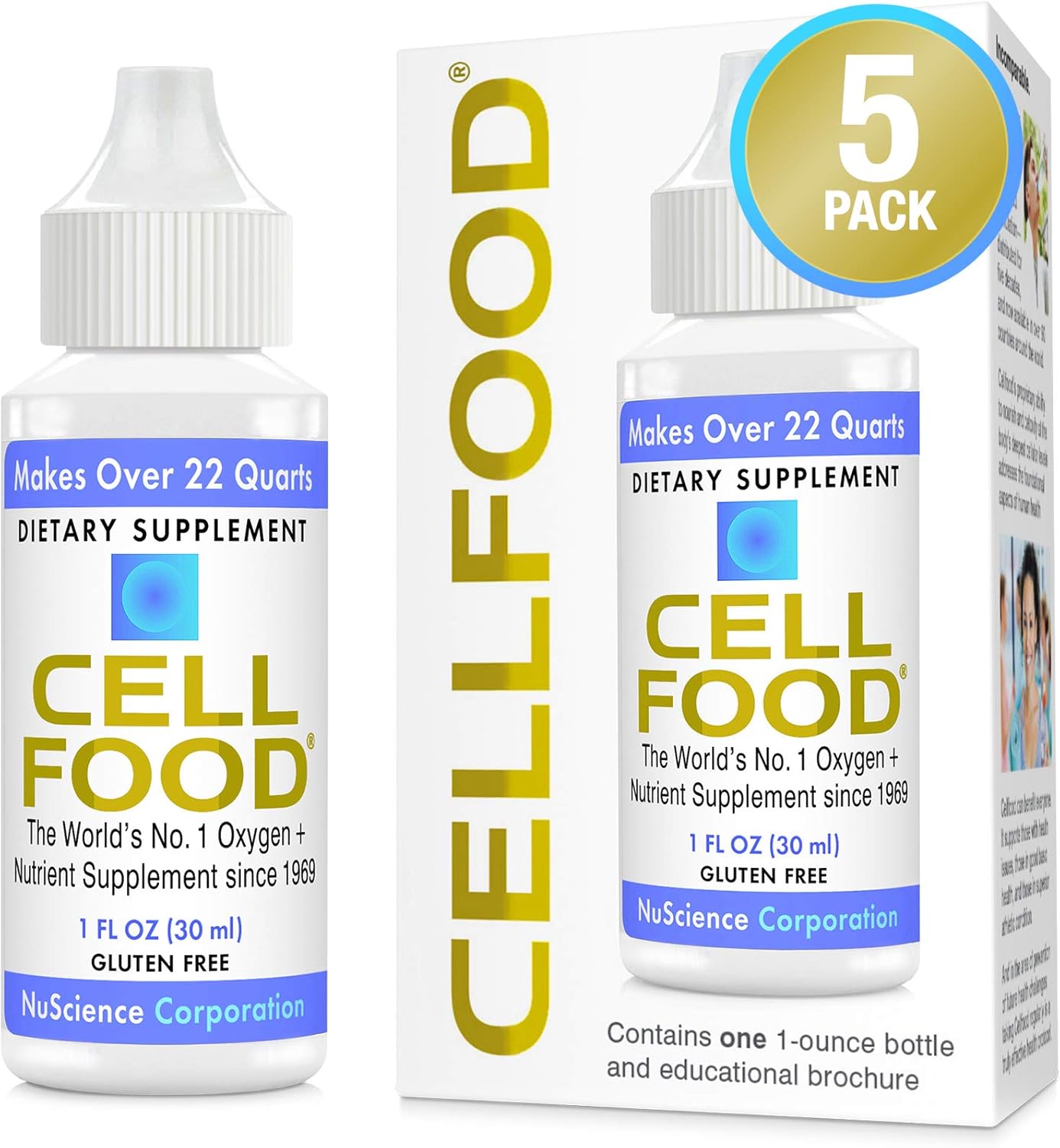 Liquid Oxygen Supplement - Cellfood Oxygen Boost 1 fl oz, 5 Pack - Supports Lymphatic Drainage, Altitude Sickness, Jet Lag, Fatigue, Headaches, Hangovers & Energy - Gluten Free, Kosher Certified