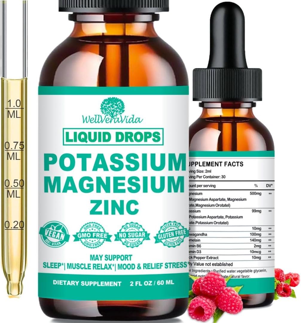 Liquid Potassium Magnesium Supplement Drops with Bromelain, D3 B6, Zinc - Electrolyte Balance & Vascular Health Formula for Leg Cramps - Cortisol Detox Support