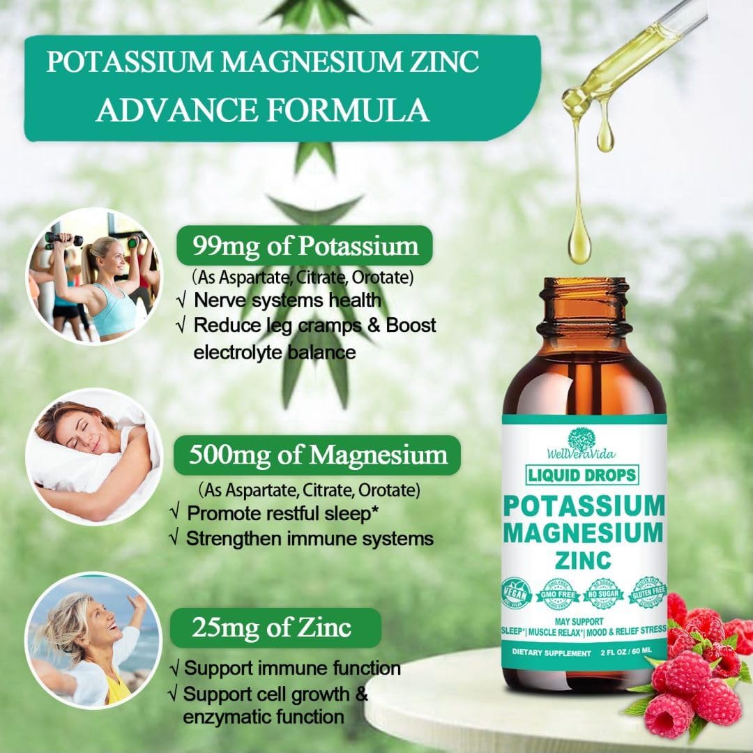 Liquid Potassium Magnesium Supplement Drops with Bromelain, D3 B6, Zinc - Electrolyte Balance & Vascular Health Formula for Leg Cramps - Cortisol Detox Support