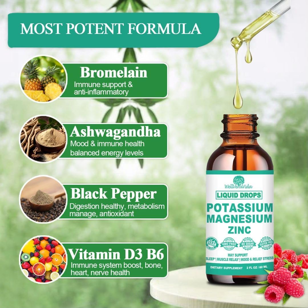 Liquid Potassium Magnesium Supplement Drops with Bromelain, D3 B6, Zinc - Electrolyte Balance & Vascular Health Formula for Leg Cramps - Cortisol Detox Support