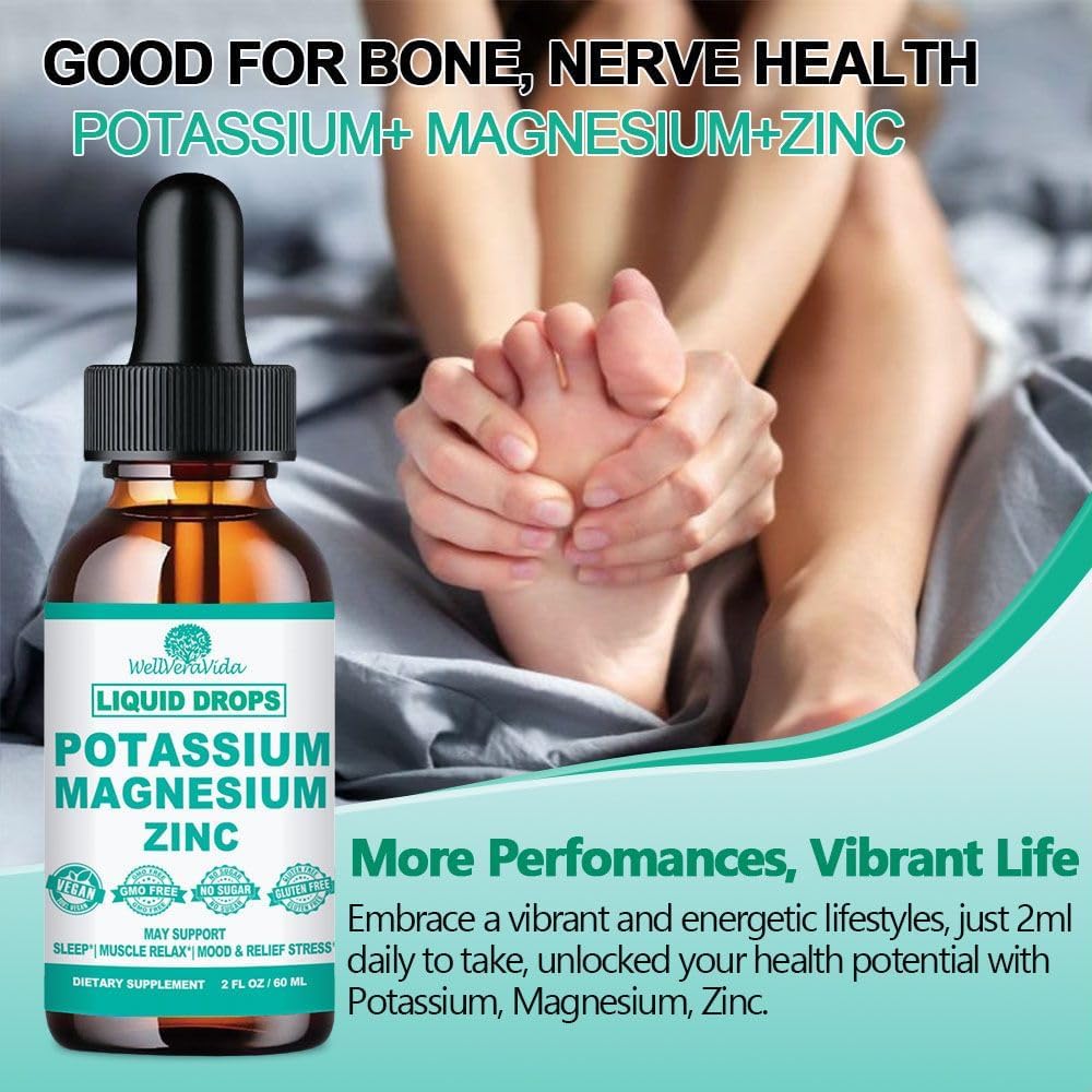 Liquid Potassium Magnesium Supplement Drops with Bromelain, D3 B6, Zinc - Electrolyte Balance & Vascular Health Formula for Leg Cramps - Cortisol Detox Support