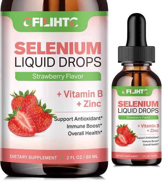 Liquid Selenium Drops with Vitamin B Complex, Zinc & Antioxidants - Immune Support & Heart Health - Strawberry Flavor - 2oz