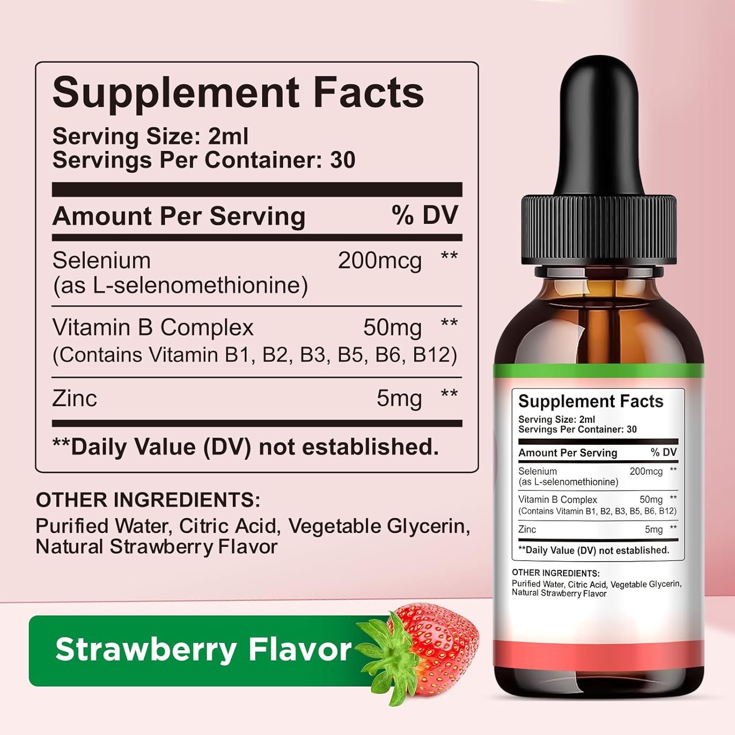 Liquid Selenium Drops with Vitamin B Complex, Zinc & Antioxidants - Immune Support & Heart Health - Strawberry Flavor - 2oz