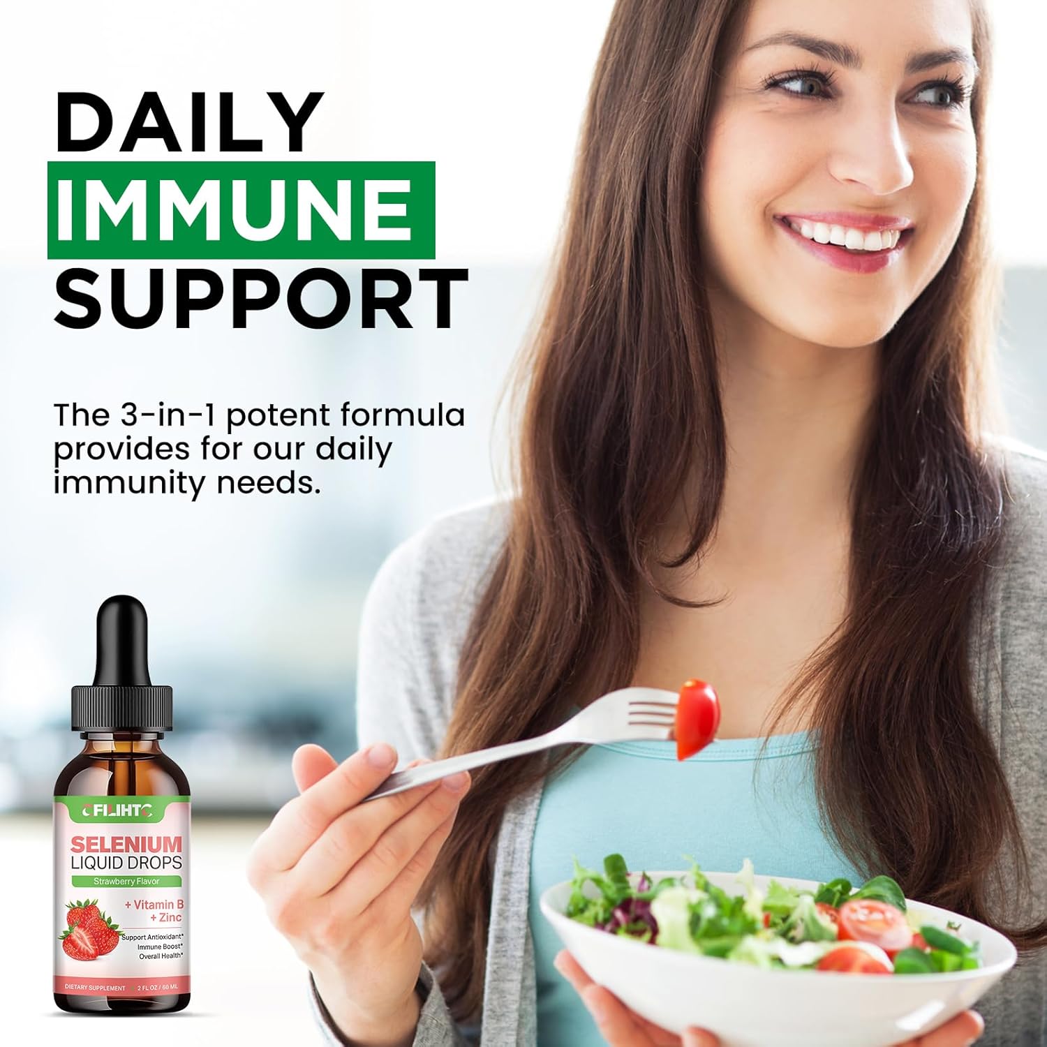Liquid Selenium Drops with Vitamin B Complex, Zinc & Antioxidants - Immune Support & Heart Health - Strawberry Flavor - 2oz