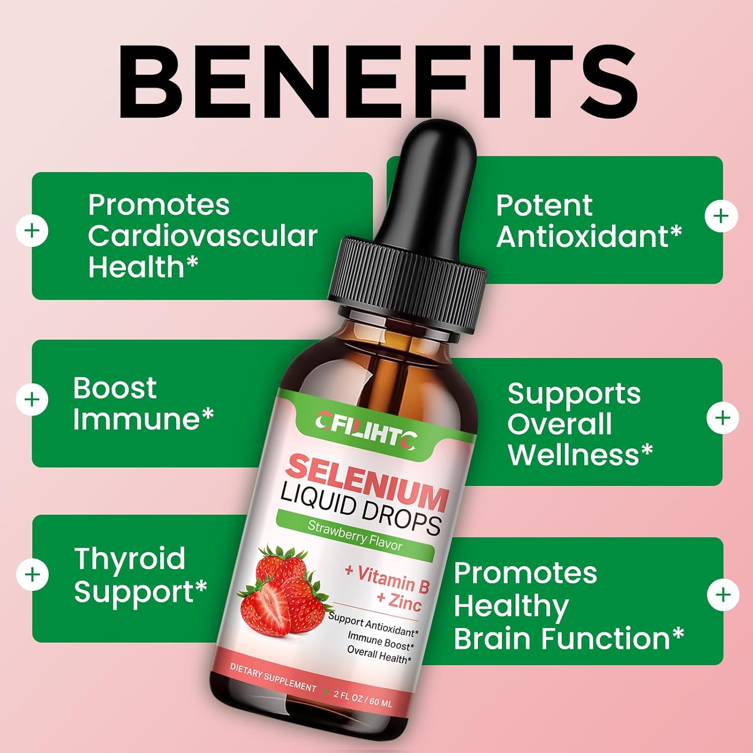 Liquid Selenium Drops with Vitamin B Complex, Zinc & Antioxidants - Immune Support & Heart Health - Strawberry Flavor - 2oz