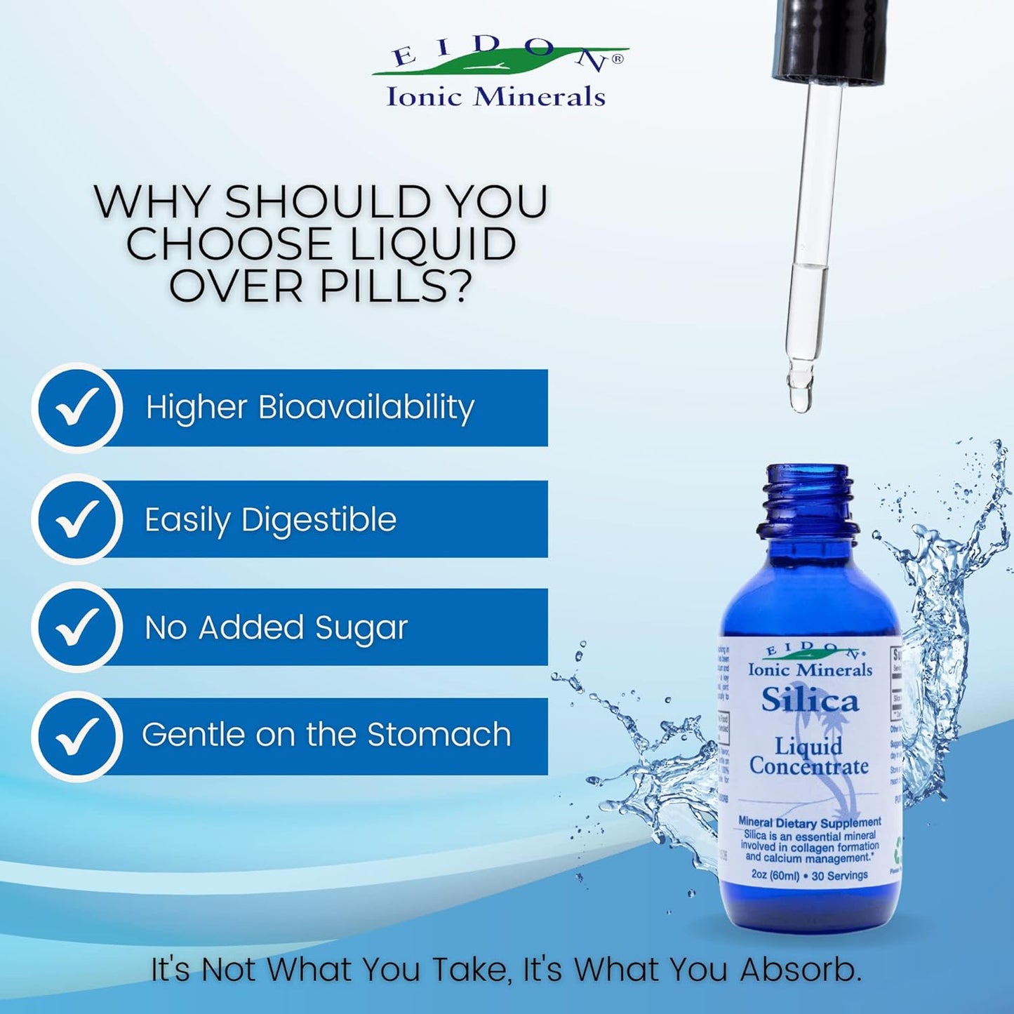 Liquid Silica Mineral Concentrate - Supports Hair, Skin, Nails, Collagen Production, Joint & Bone Health - 2 oz