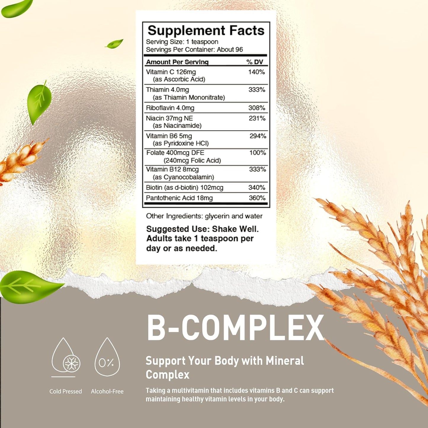 Liquid Super B Complex Vitamins with Vitamin C - Alcohol-Free Supplement - 16 Fl Oz
