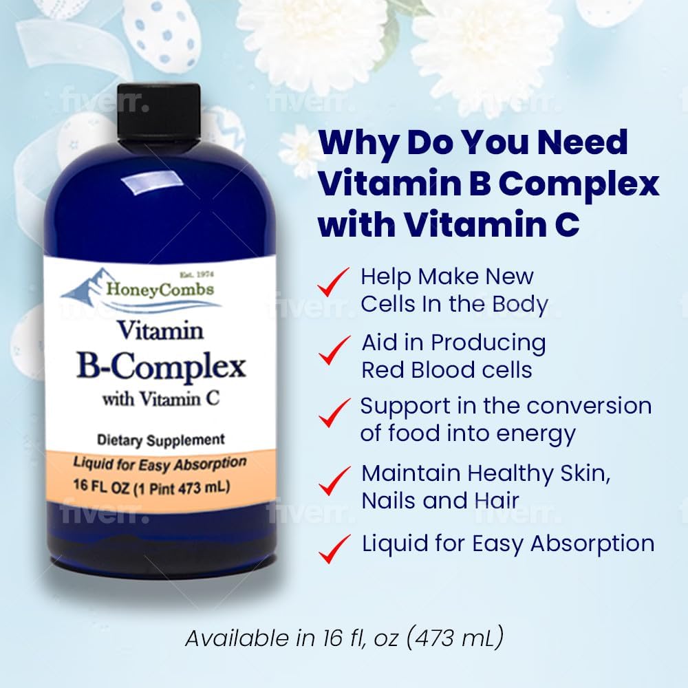 Liquid Super B Complex Vitamins with Vitamin C - Alcohol-Free Supplement - 16 Fl Oz