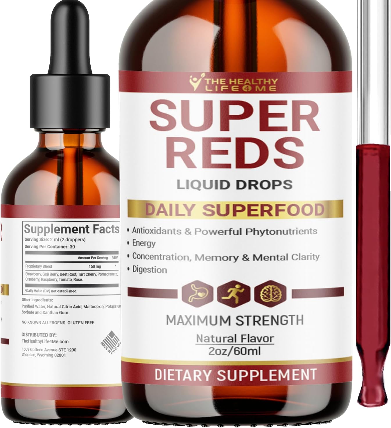Liquid Super Reds Phytonutrient Superfood Drops - Antioxidant-Rich Blend with Polyphenols - Great Taste - 30 Day Supply