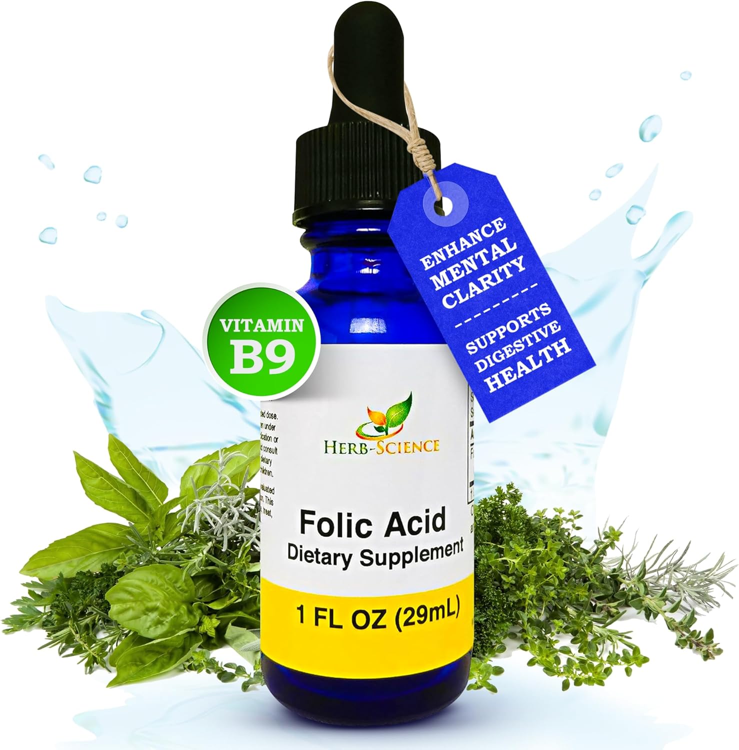 Liquid Vitamin B9 Folic Acid Drops for Brain, Digestive & Liver Support - Gluten-Free, Non-GMO, Vegan - 1 fl. oz.