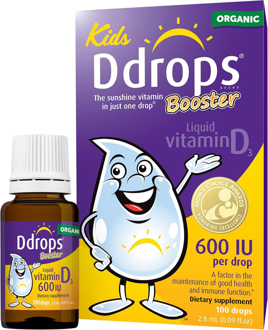 Liquid Vitamin D for Kids - Ddrops Kids Booster 600IU, 100 Drops, Supports Strong Bones & Immune System, Non-GMO, Allergy-Friendly, No Preservatives or Sugar