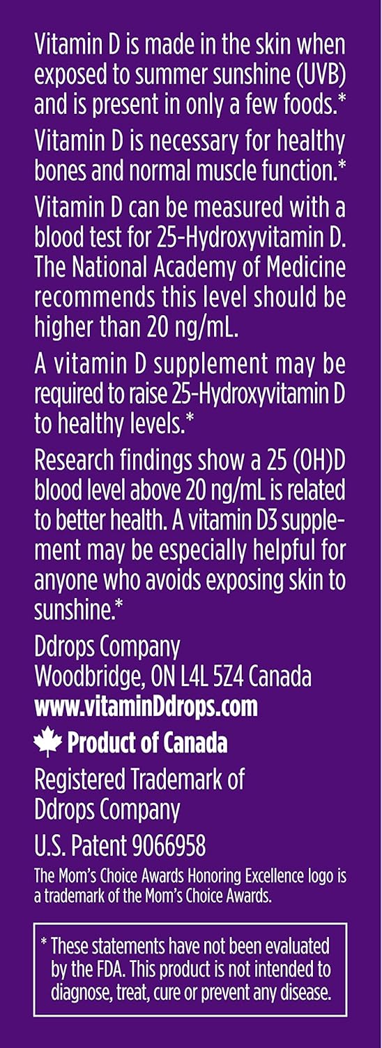 Liquid Vitamin D for Kids - Ddrops Kids Booster 600IU, 100 Drops, Supports Strong Bones & Immune System, Non-GMO, Allergy-Friendly, No Preservatives or Sugar