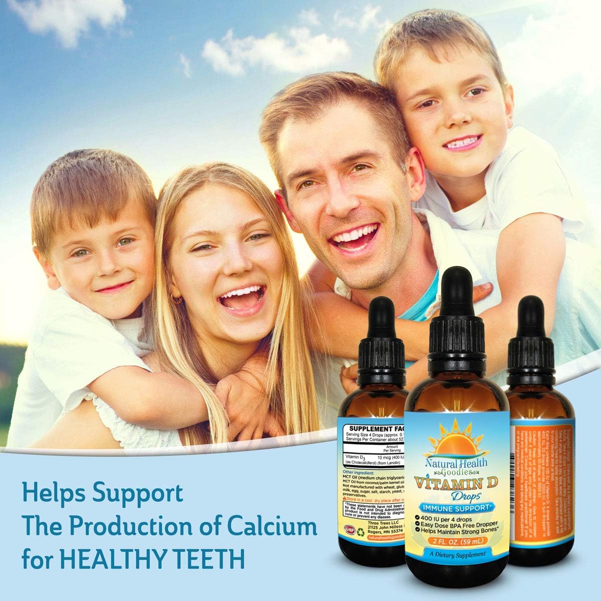 Liquid Vitamin D3 Drops for Babies, Children, and Adults - Easy Dose Dropper - 2 oz Supply by Natural Health Goodies