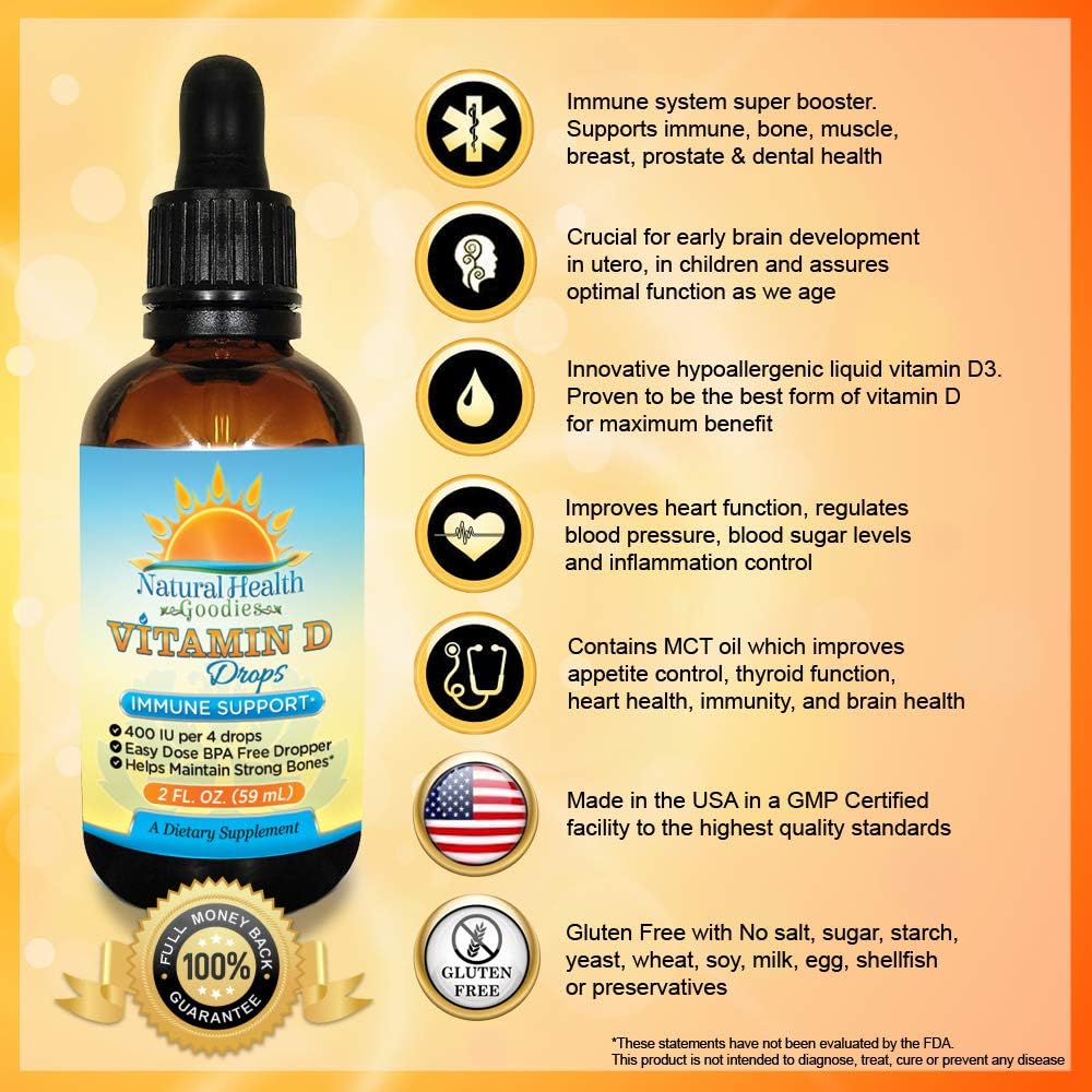 Liquid Vitamin D3 Drops for Babies, Children, and Adults - Easy Dose Dropper - 2 oz Supply by Natural Health Goodies