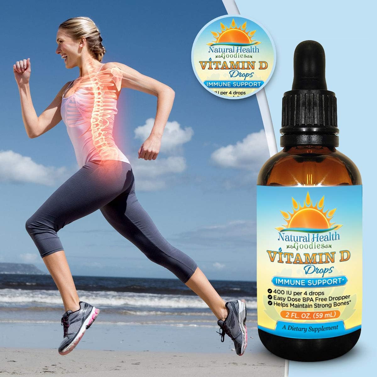 Liquid Vitamin D3 Drops for Babies, Children, and Adults - Easy Dose Dropper - 2 oz Supply by Natural Health Goodies