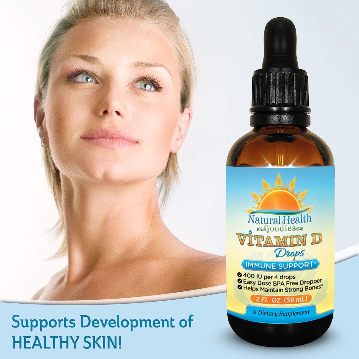 Liquid Vitamin D3 Drops for Babies, Children, and Adults - Easy Dose Dropper - 2 oz Supply by Natural Health Goodies