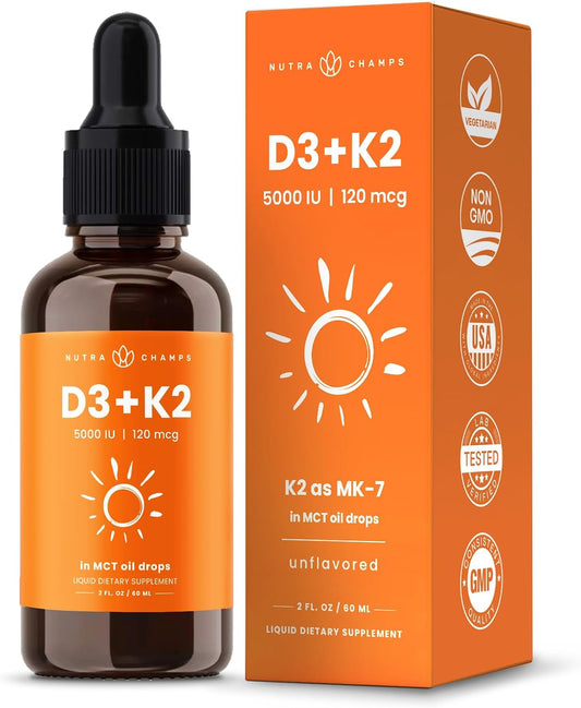 Liquid Vitamin D3 K2 Drops - 5000 IU with MK7 for Kids, Bone and Heart Health - MCT Oil for Absorption