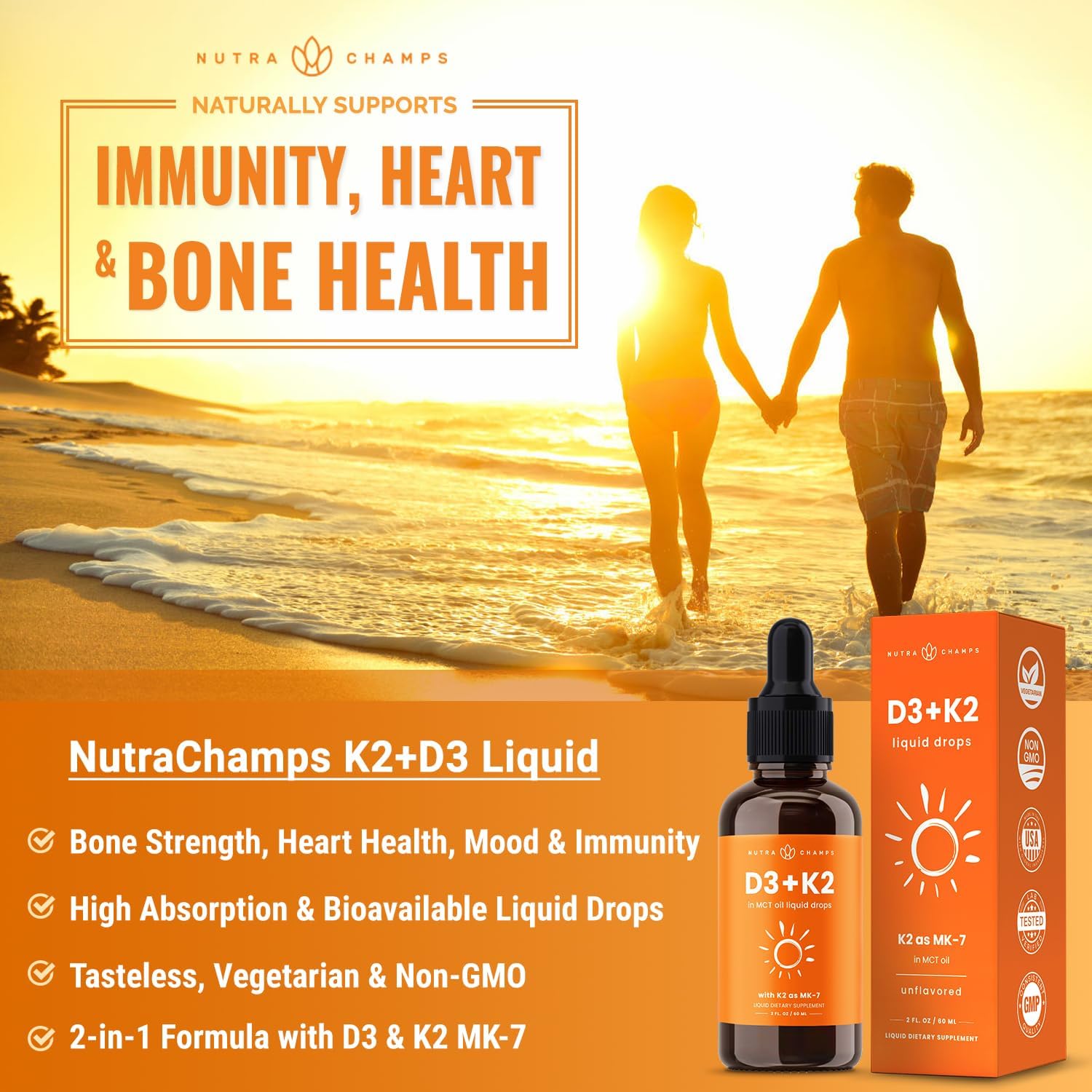 Liquid Vitamin D3 K2 Drops - 5000 IU with MK7 for Kids, Bone and Heart Health - MCT Oil for Absorption