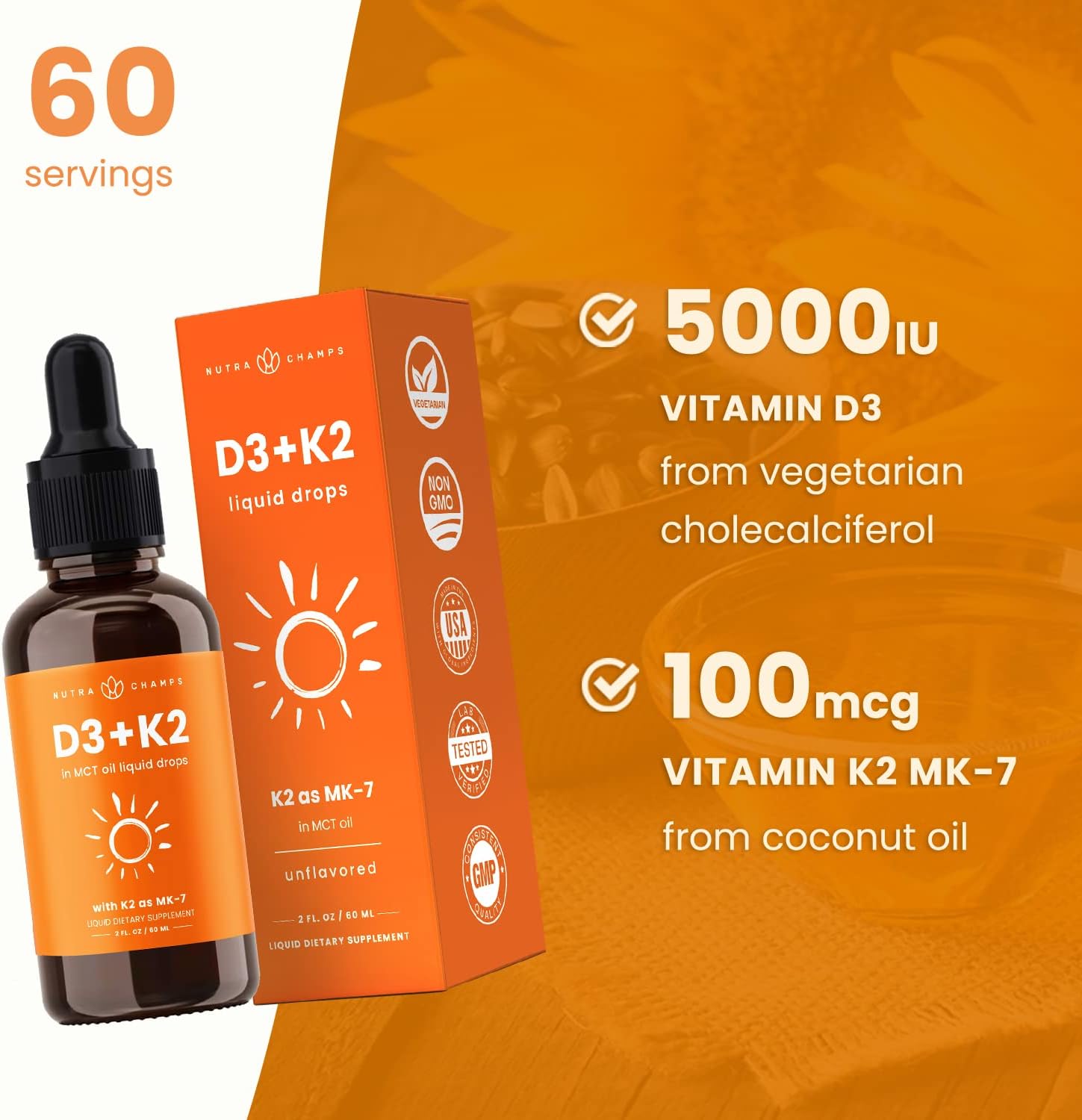 Liquid Vitamin D3 K2 Drops - 5000 IU with MK7 for Kids, Bone and Heart Health - MCT Oil for Absorption