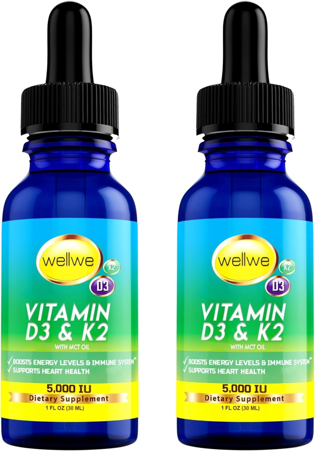 Liquid Vitamin D3 K2 Drops 5000 IU with MCT Oil - Vegan Energy & Immune Booster Supplement (2 Bottles)