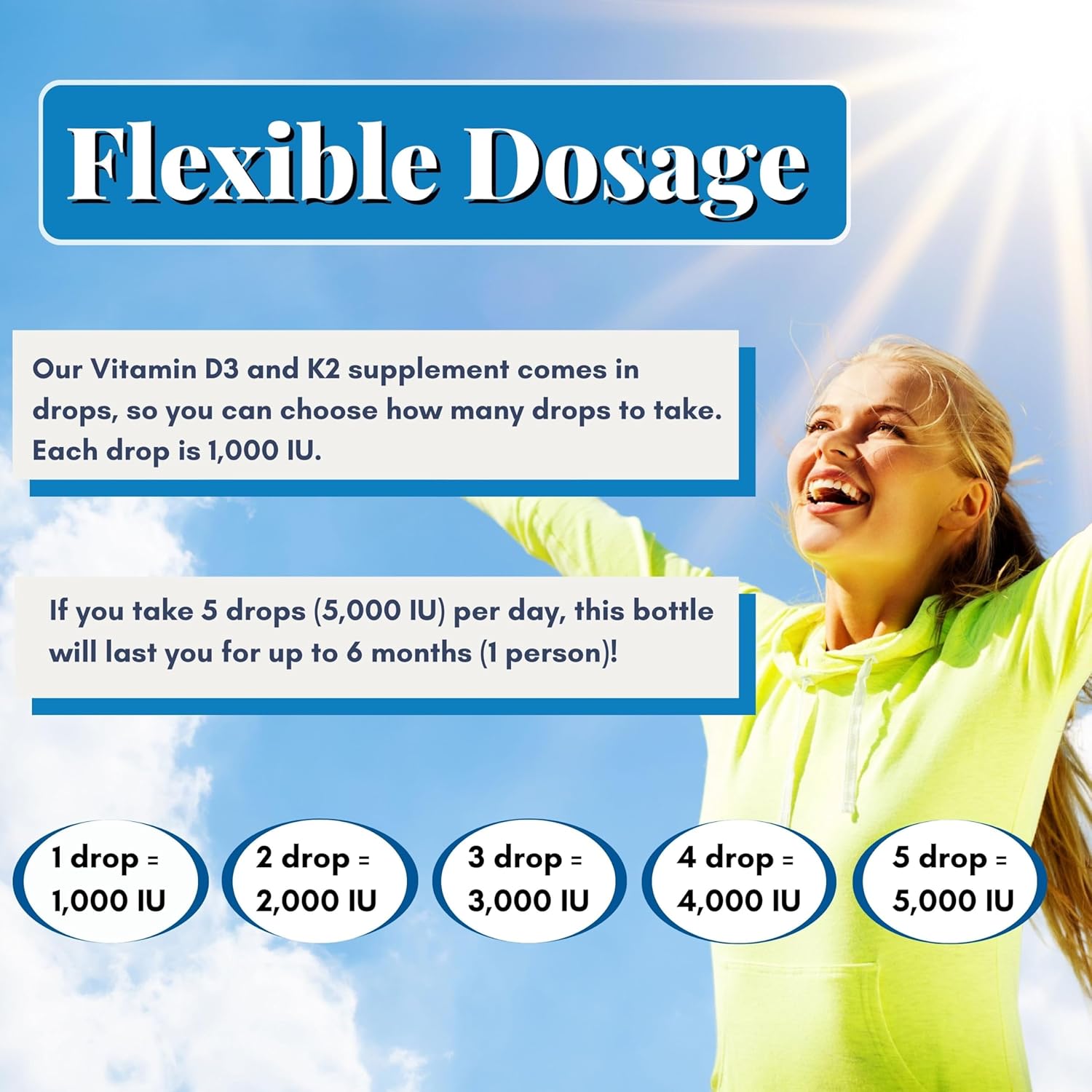 Liquid Vitamin D3 K2 Drops 5000 IU with MCT Oil - Vegan Energy & Immune Booster Supplement (2 Bottles)