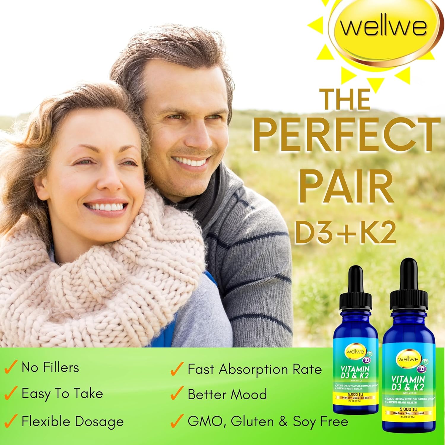 Liquid Vitamin D3 K2 Drops 5000 IU with MCT Oil - Vegan Energy & Immune Booster Supplement (2 Bottles)
