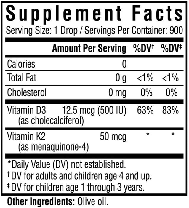 Liquid Vitamin D3 + K2 Drops for Immune & Bone Health - Supports Calcium Absorption & Blood Circulation - 1 oz