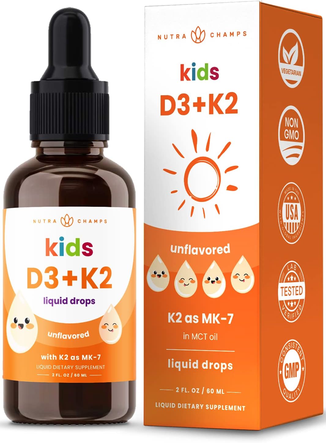 Liquid Vitamin D3 & K2 Drops for Kids - 1000 IU, Sugar-Free Supplement, Supports Healthy Bones, Heart, & Immune System - 300 Servings