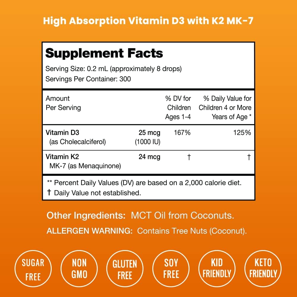 Liquid Vitamin D3 & K2 Drops for Kids - 1000 IU, Sugar-Free Supplement, Supports Healthy Bones, Heart, & Immune System - 300 Servings