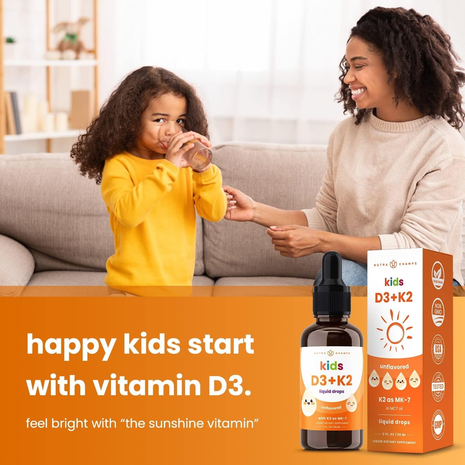 Liquid Vitamin D3 & K2 Drops for Kids - 1000 IU, Sugar-Free Supplement, Supports Healthy Bones, Heart, & Immune System - 300 Servings