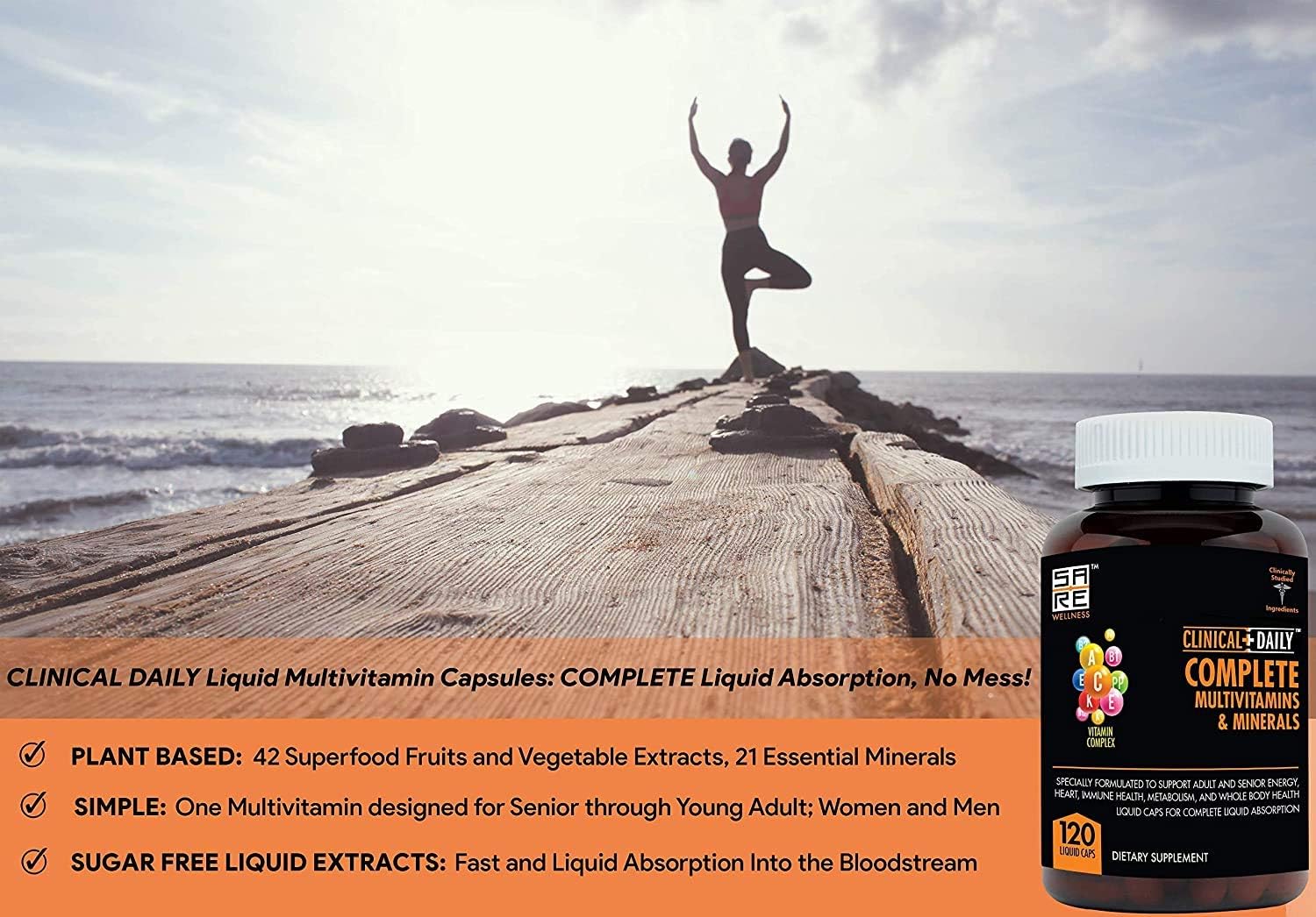 Liquid Whole Food Multivitamin Supplement for Women & Men - Enhanced Absorption! 42 Superfood Fruits & Vegetables - 120 Capsules for All Ages