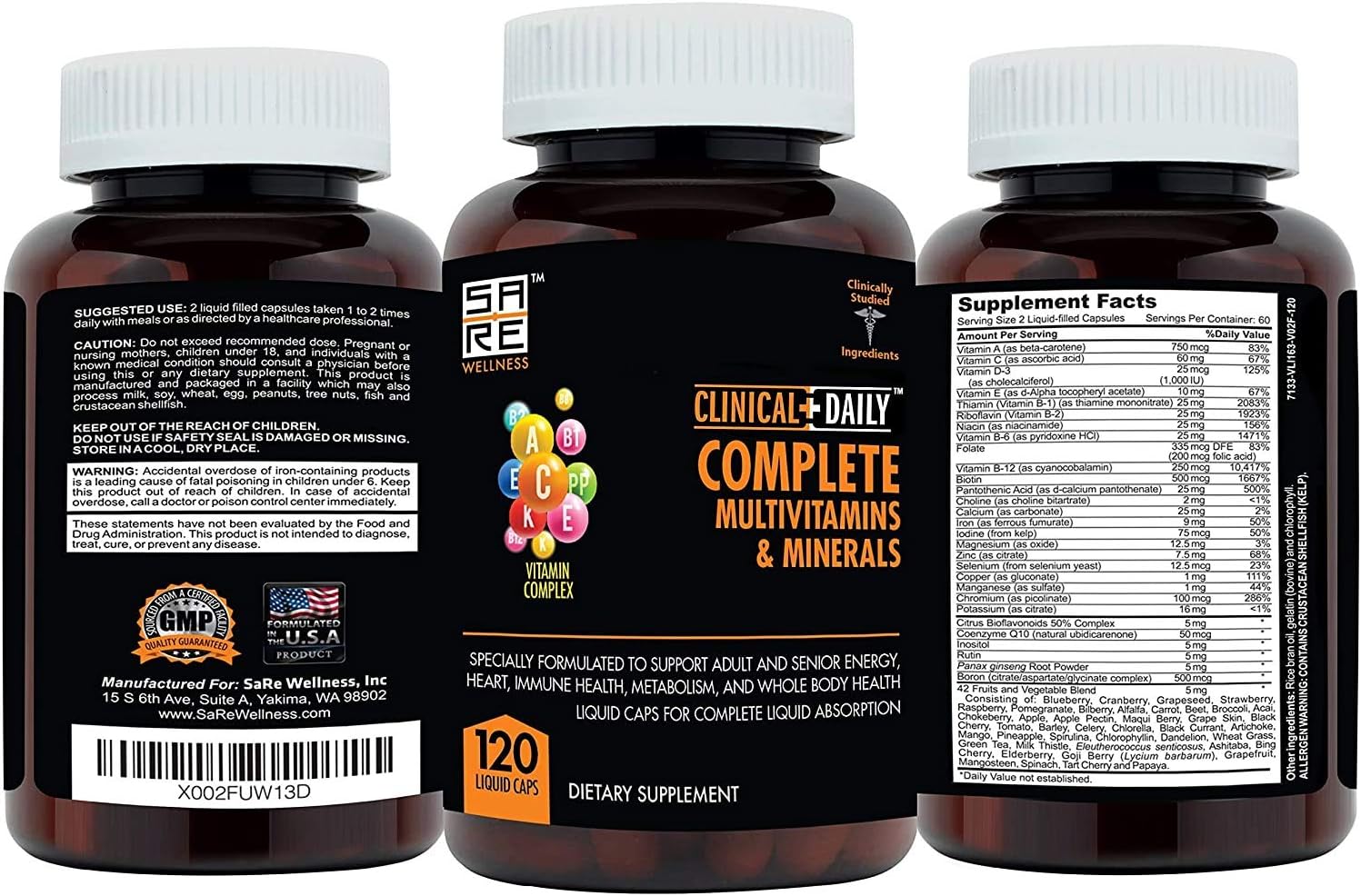 Liquid Whole Food Multivitamin Supplement for Women & Men - Enhanced Absorption! 42 Superfood Fruits & Vegetables - 120 Capsules for All Ages