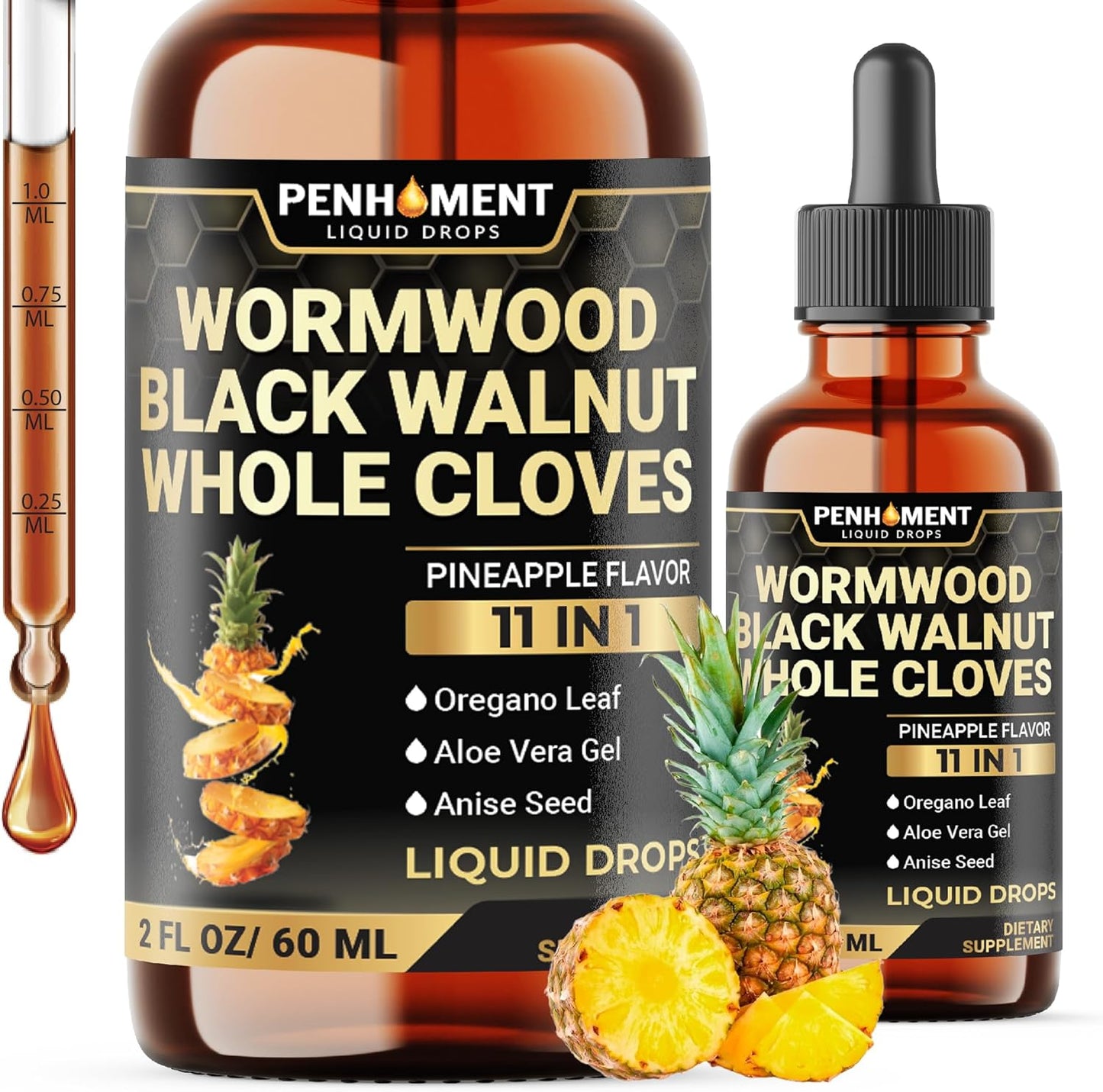 Liquid Wormwood Drops with Black Walnut, Whole Cloves, Oregano & More - Pineapple Flavor - 2 FL OZ - 60 Days Supply