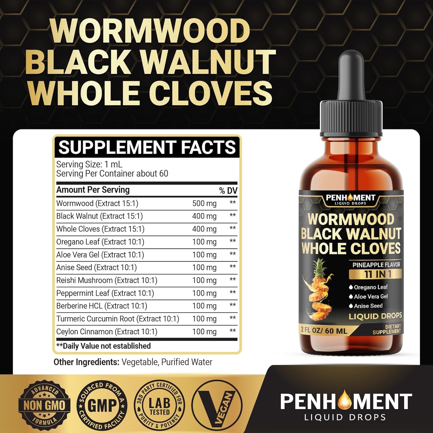 Liquid Wormwood Drops with Black Walnut, Whole Cloves, Oregano & More - Pineapple Flavor - 2 FL OZ - 60 Days Supply