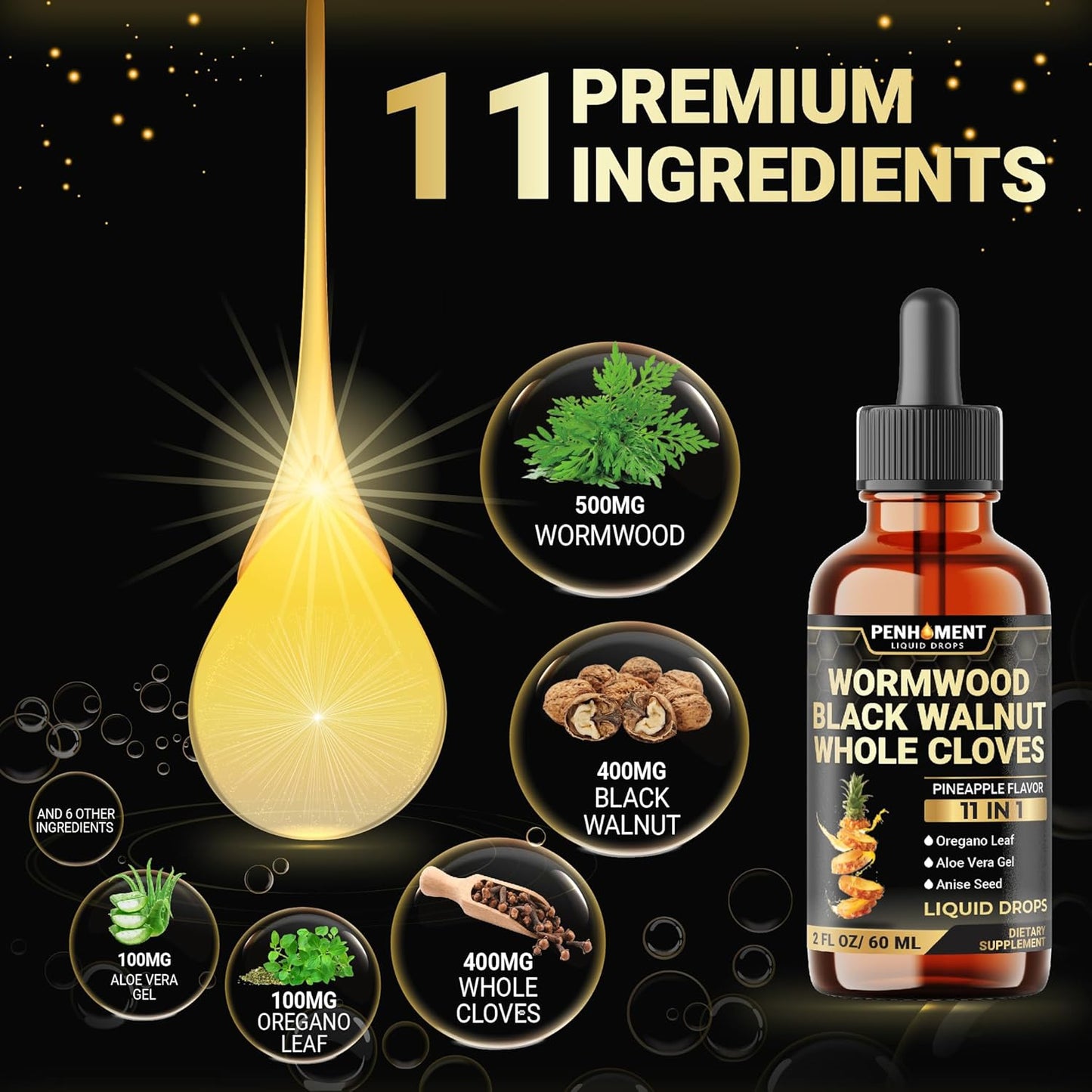 Liquid Wormwood Drops with Black Walnut, Whole Cloves, Oregano & More - Pineapple Flavor - 2 FL OZ - 60 Days Supply