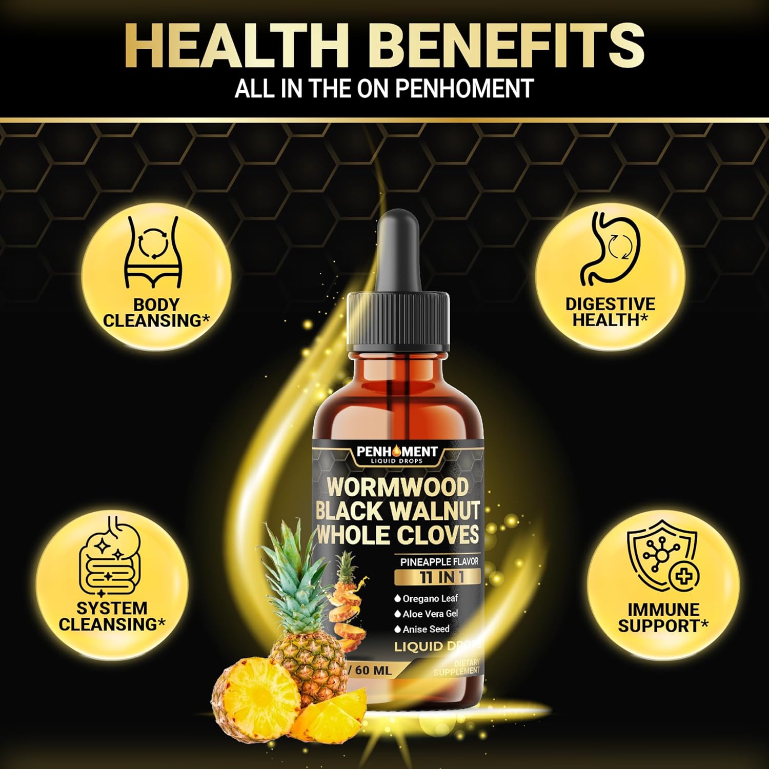 Liquid Wormwood Drops with Black Walnut, Whole Cloves, Oregano & More - Pineapple Flavor - 2 FL OZ - 60 Days Supply