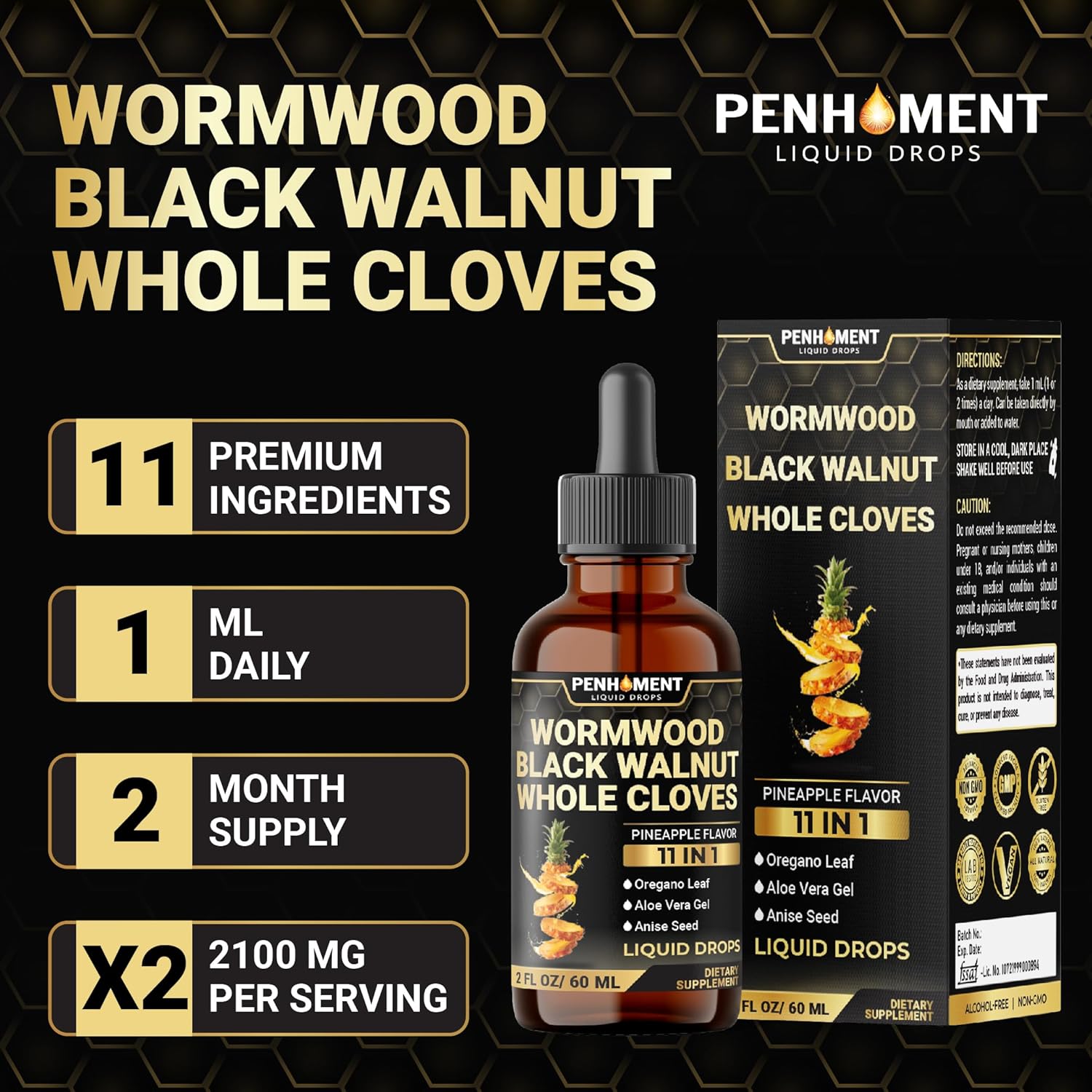 Liquid Wormwood Drops with Black Walnut, Whole Cloves, Oregano & More - Pineapple Flavor - 2 FL OZ - 60 Days Supply