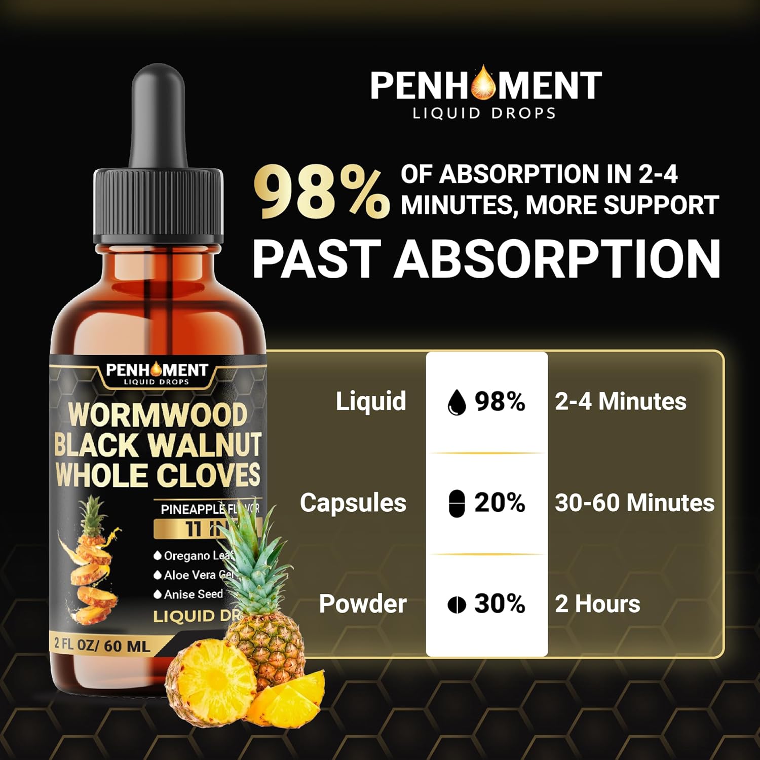 Liquid Wormwood Drops with Black Walnut, Whole Cloves, Oregano & More - Pineapple Flavor - 2 FL OZ - 60 Days Supply