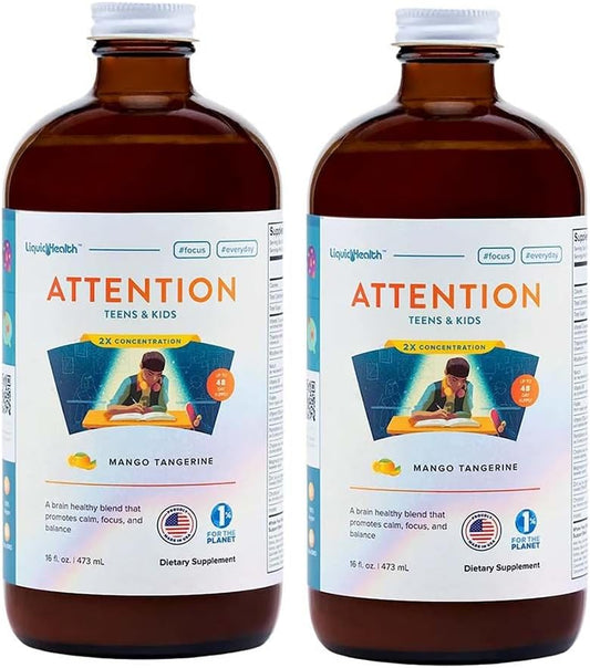 LiquidHealth Attention Liquid Multivitamin for Kids & Teens - Enhances Memory, Focus, Mood, and Relaxation - Vegan & Sugar-Free - Great Tasting (2 Pack)