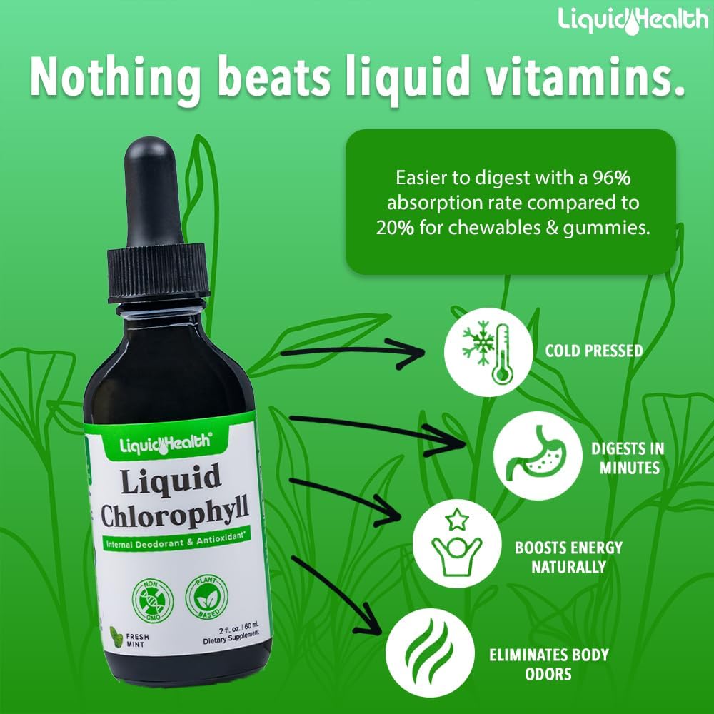 LiquidHealth Chlorophyll Drops - Internal Deodorizer, Liver Detox, Immune Support - Vegan, Non-GMO - Stop Bad Breath, Reduce Appetite - 2 Oz