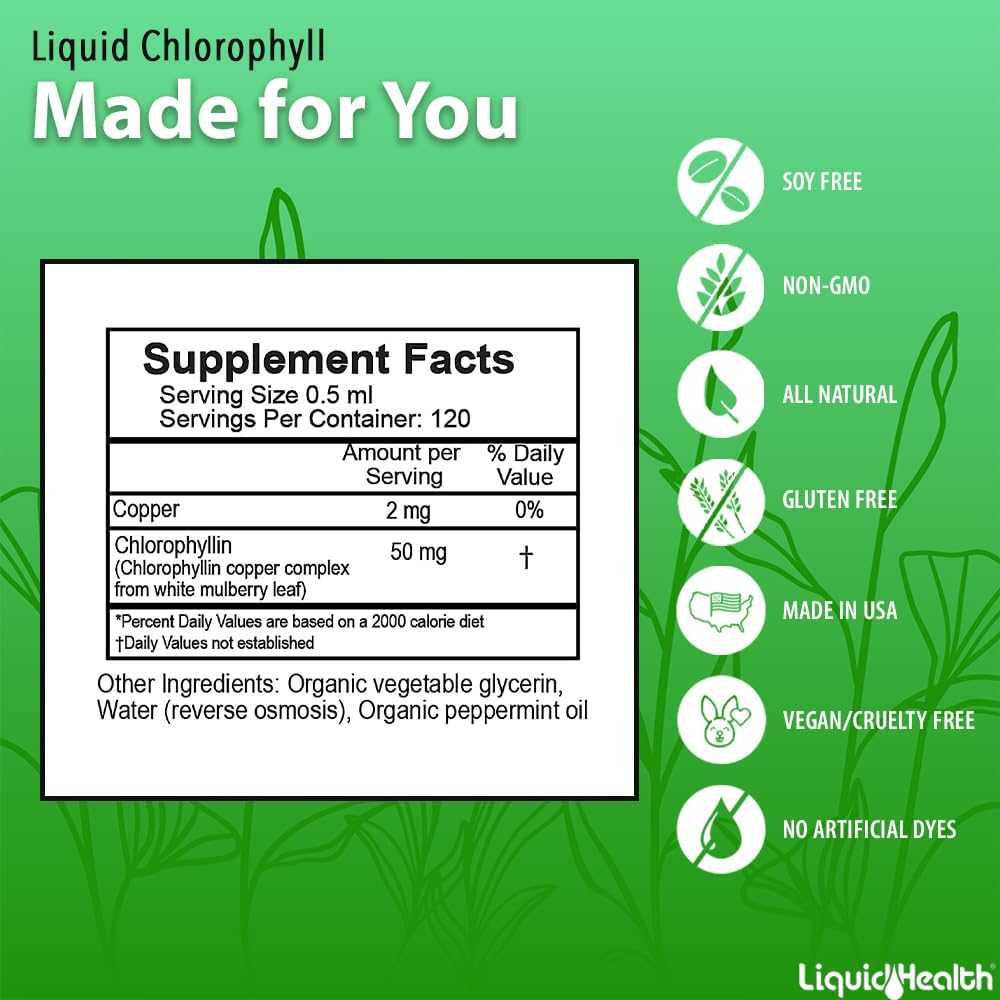 LiquidHealth Chlorophyll Drops - Internal Deodorizer, Liver Detox, Immune Support - Vegan, Non-GMO - Stop Bad Breath, Reduce Appetite - 2 Oz