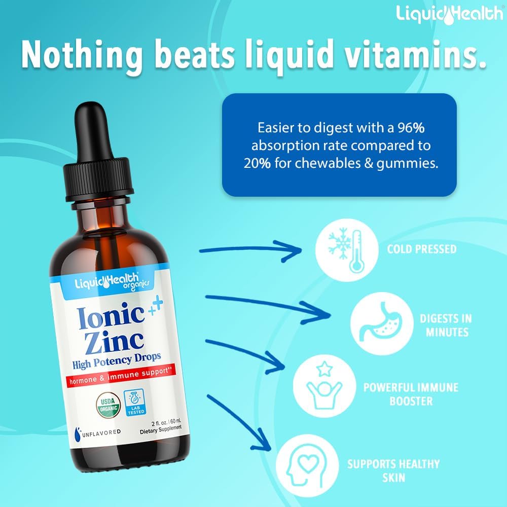 LiquidHealth Ionic Zinc Drops, 15mg - 2 Oz Liquid Supplement for Adults, Men, Women & Kids 4+, Pure Zinc Vitamin with Zinc Sulfate Heptahydrate (2 Pack)