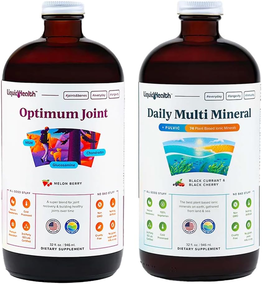 LiquidHealth Optimum Joint Glucosamine Chondroitin & Daily Multi Mineral Liquid Multivitamin Bundle - Sea Trace Minerals, Bone & Joint Health, Immune Support - Vegan & Non-GMO Formula for Men & Women