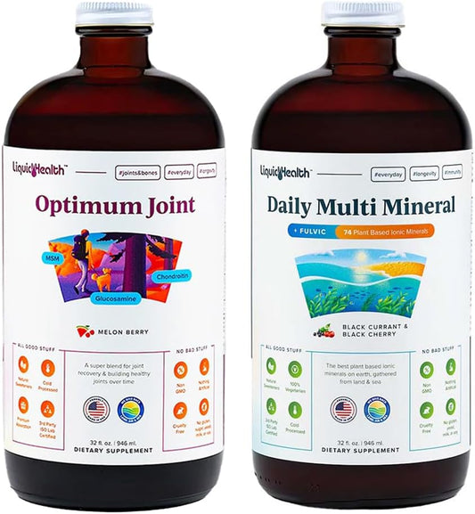 LiquidHealth Optimum Joint Glucosamine Chondroitin & Daily Multi Mineral Liquid Multivitamin Bundle - Sea Trace Minerals, Bone & Joint Health, Immune Support - Vegan & Non-GMO Formula for Men & Women