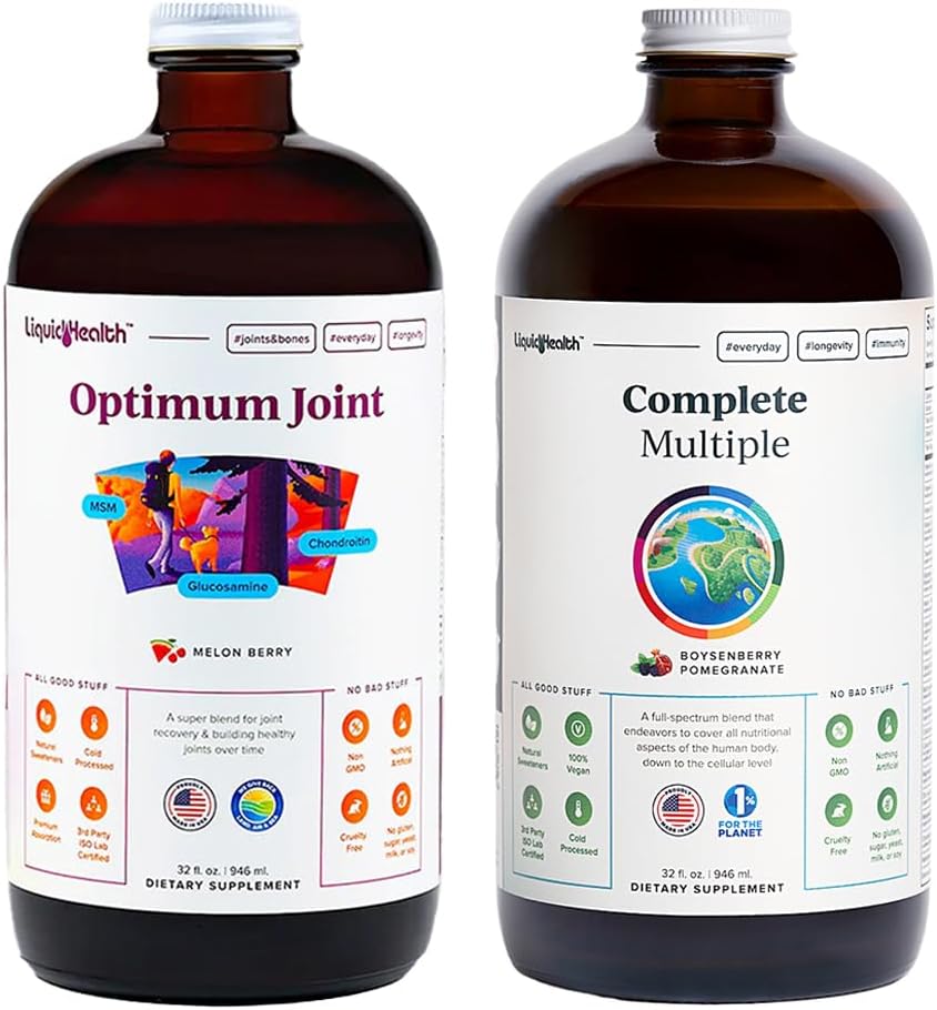 LIQUIDHEALTH Optimum Joint Glucosamine Chondroitin & Multivitamin Bundle - Immune & Bone Health, Whole Foods, Vegan, Non-GMO