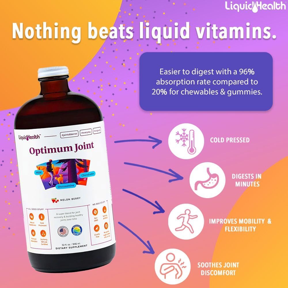 LIQUIDHEALTH Optimum Joint Support Multivitamin - Glucosamine, Chondroitin, MSM, Hyaluronic Acid - Mobility & Comfort - Runners & Athletes - Sugar-Free - Vegan - 2 Pack