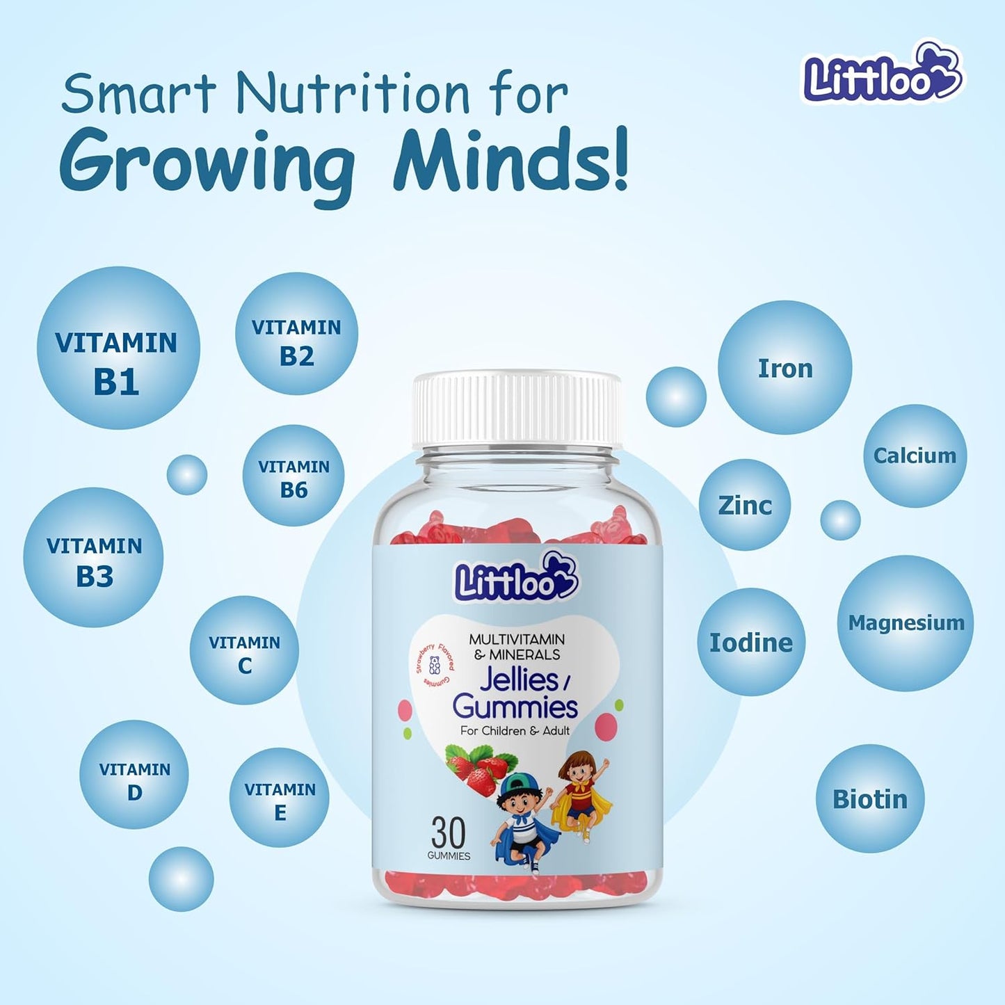 LITTLOO Kids Multivitamin Gummies: 60 Strawberry Flavoured Gummies for Energy & Immunity